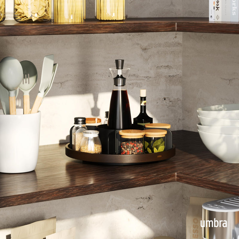 UMBRA - Bellwood Lazy Susan | Rotating Wood Serving Tray and Tabletop Organizer Home & Kitchen Black/Walnut