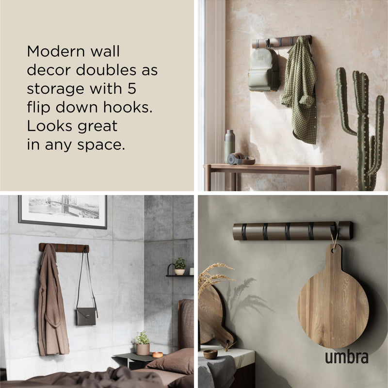 UMBRA - Flip 5 Wall Hook | Modern Rotating Wall - Mounted Organizer for Home Home & Kitchen Black - Walnut