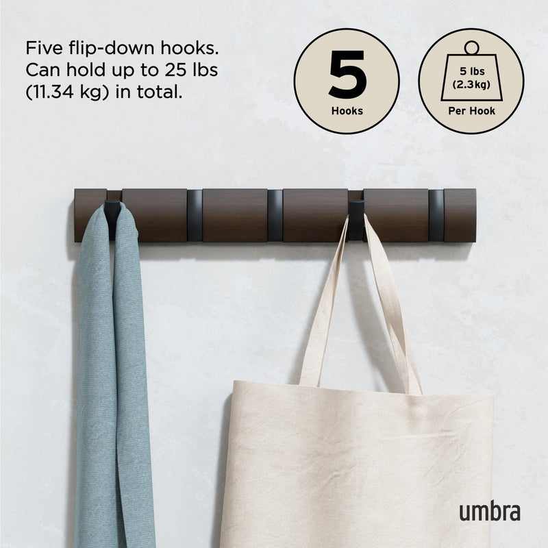 UMBRA - Flip 5 Wall Hook | Modern Rotating Wall - Mounted Organizer for Home Home & Kitchen Black - Walnut