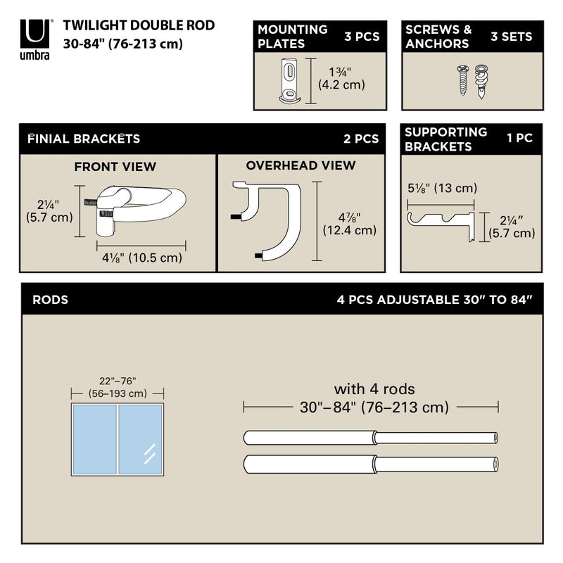 UMBRA - Twilight Double Blackout Curtain Rod | Adjustable Extendable for Home Home & Kitchen Matte - Black 66 - 144" (168 - 365 cm)