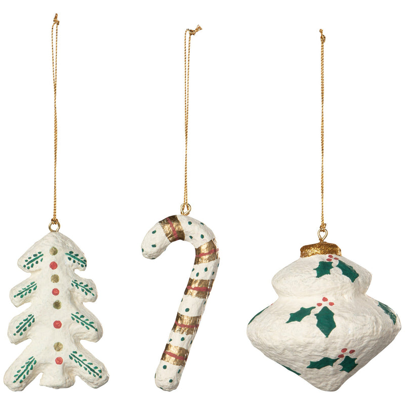 Danica Jubilee Yuletide cotton maché ornaments, tree, candy cane and bauble shown as possible random styles