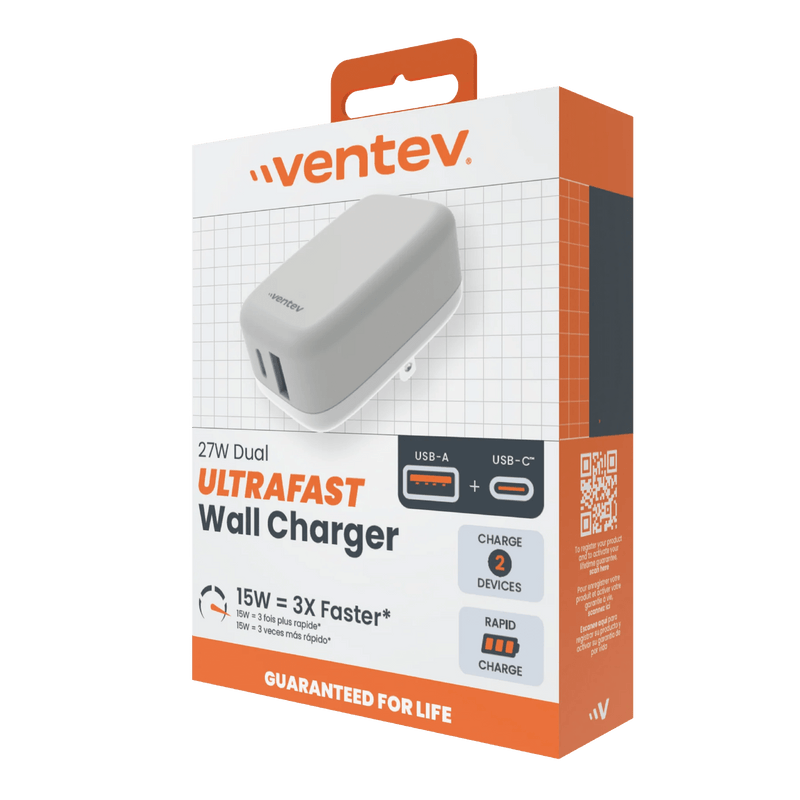 Ventev - Wall Charger 27W USB - C + USB - A with Folding Prongs - White/Grey Electronics