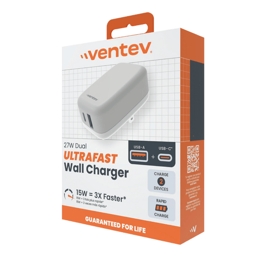 Ventev - Wall Charger 27W USB - C + USB - A with Folding Prongs - White/Grey Electronics