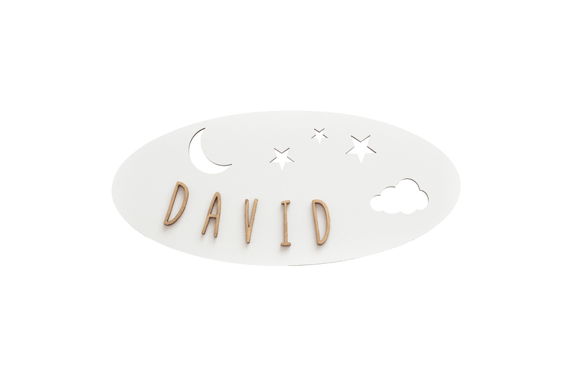 Vintiun - White Oval Shaped Adhesive Plate Moon/Clouds/Stars + Lettering Kit