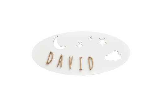 Vintiun - White Oval Shaped Adhesive Plate Moon/Clouds/Stars + Lettering Kit