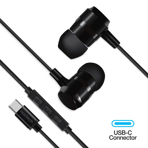 Naztech – Platinum USB-C Wired Earbuds – Black – front USB-C earbud view