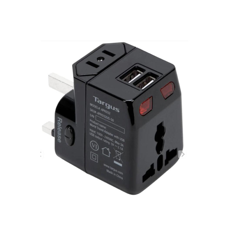 Targus - World Travel Adapter AC Power with 2 Port USB-A 100 - 250 VAC with 4 International Charging Plugs - Black - Limolin 